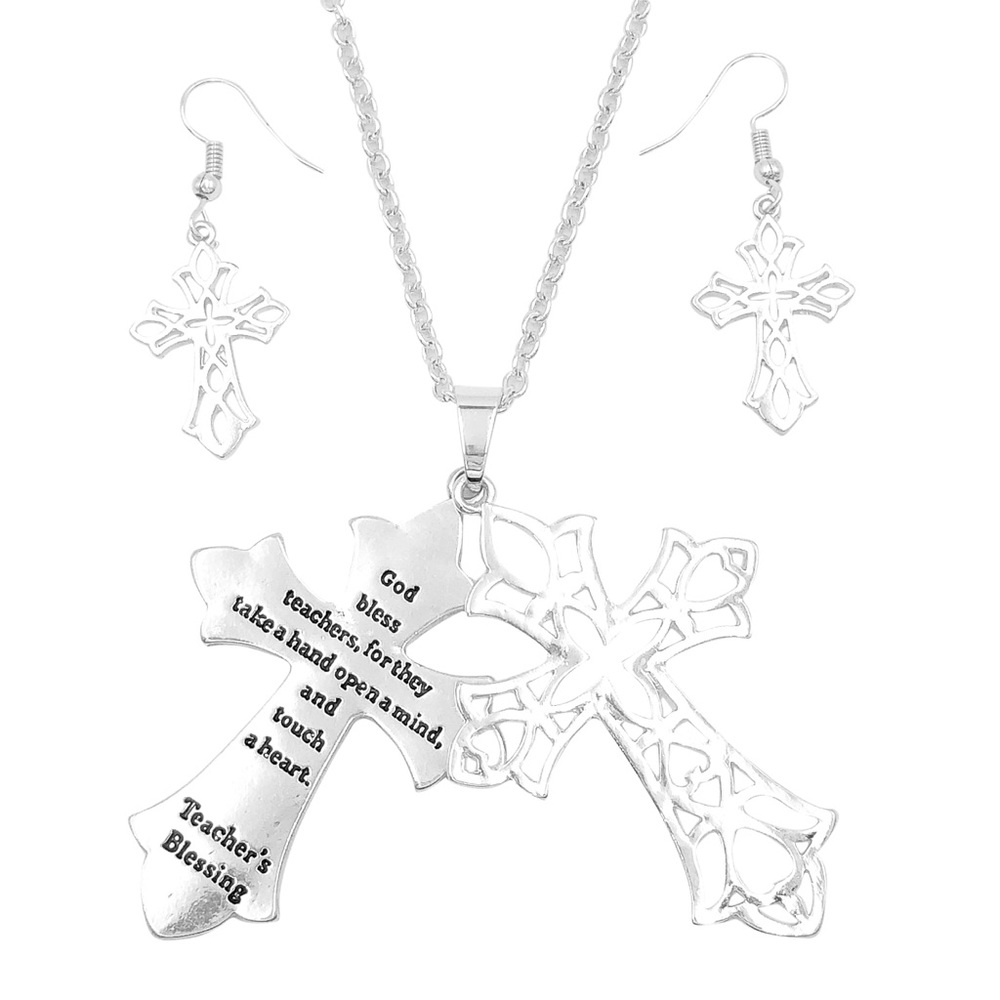 Teacher’s Blessing Long Silver Tone Filigree Cross Necklace Earrings Set
